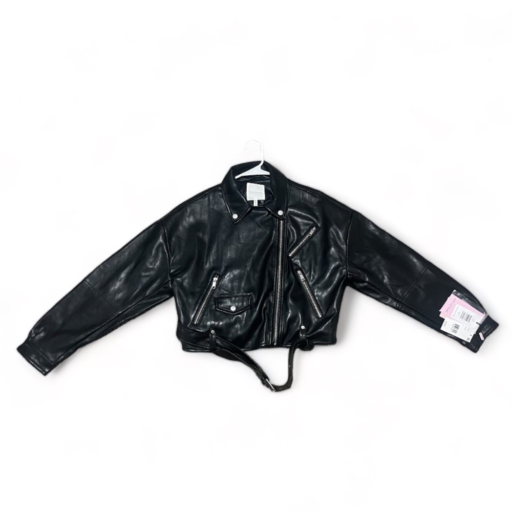 Avec Les Filles Oversized Faux Leather Cropped Biker Jacket - Black - M - Picture 5 of 11